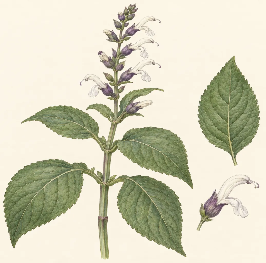 Botanical plate of Salvia divinorum: a flowering stem with white flowers in violet calyces, a detached leaf and a single flower